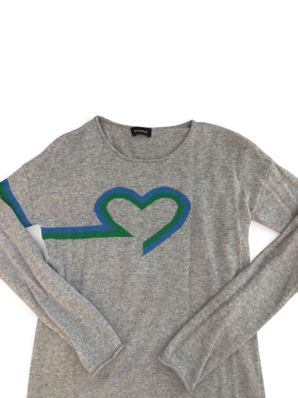 Kookai Gray Knit Heart Sweater with Blue & Green Accent